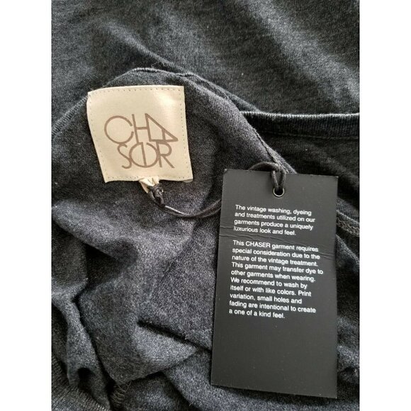 Chaser Vintage Style V-Neck Cold Shoulder Tee Shirt Round Hem Gray Knit Sz M - Picture 6 of 6